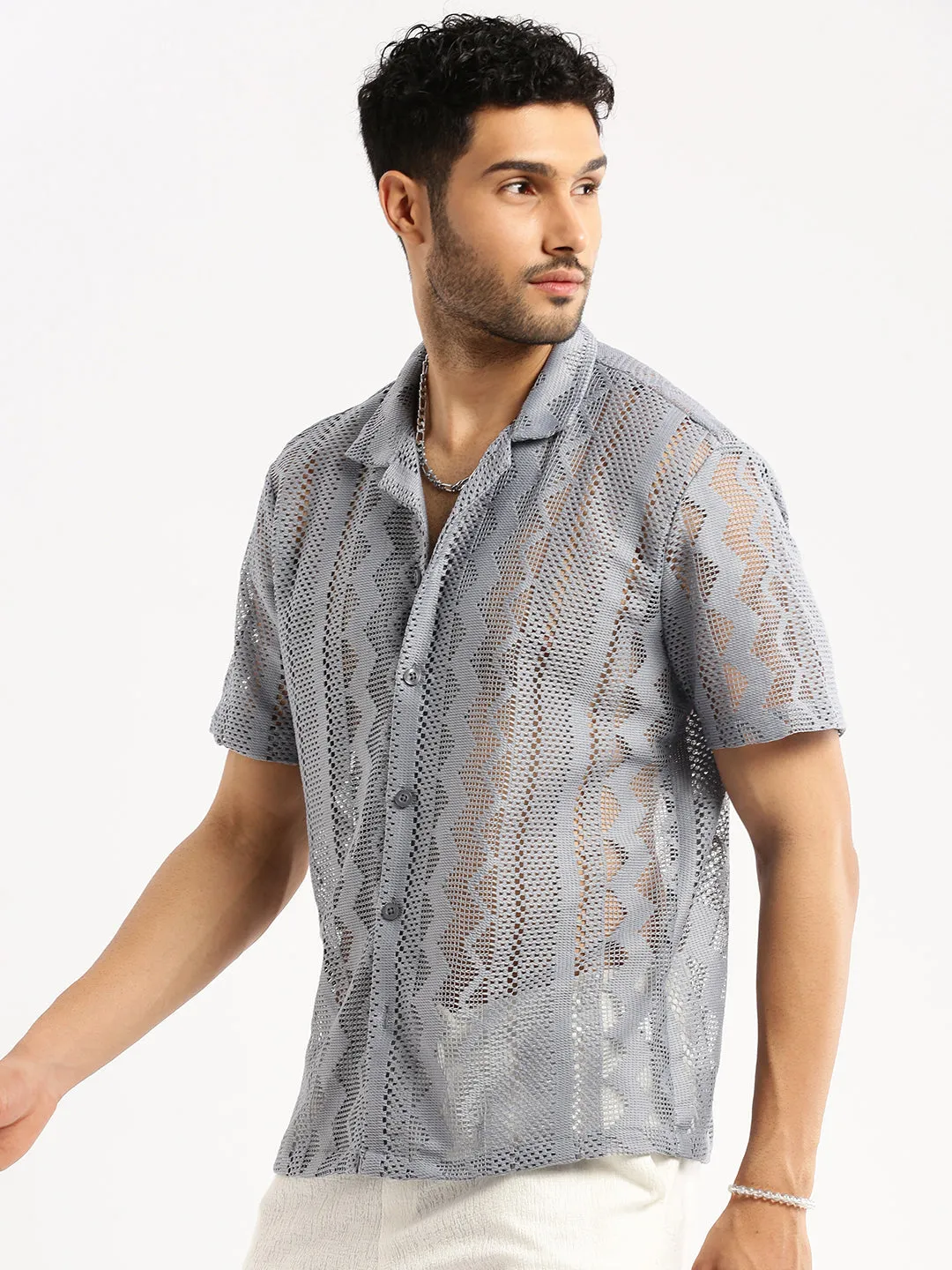 Men Grey Comfort Geometric Printed Cuban Collar Sheer Cotton Crochet Shirt